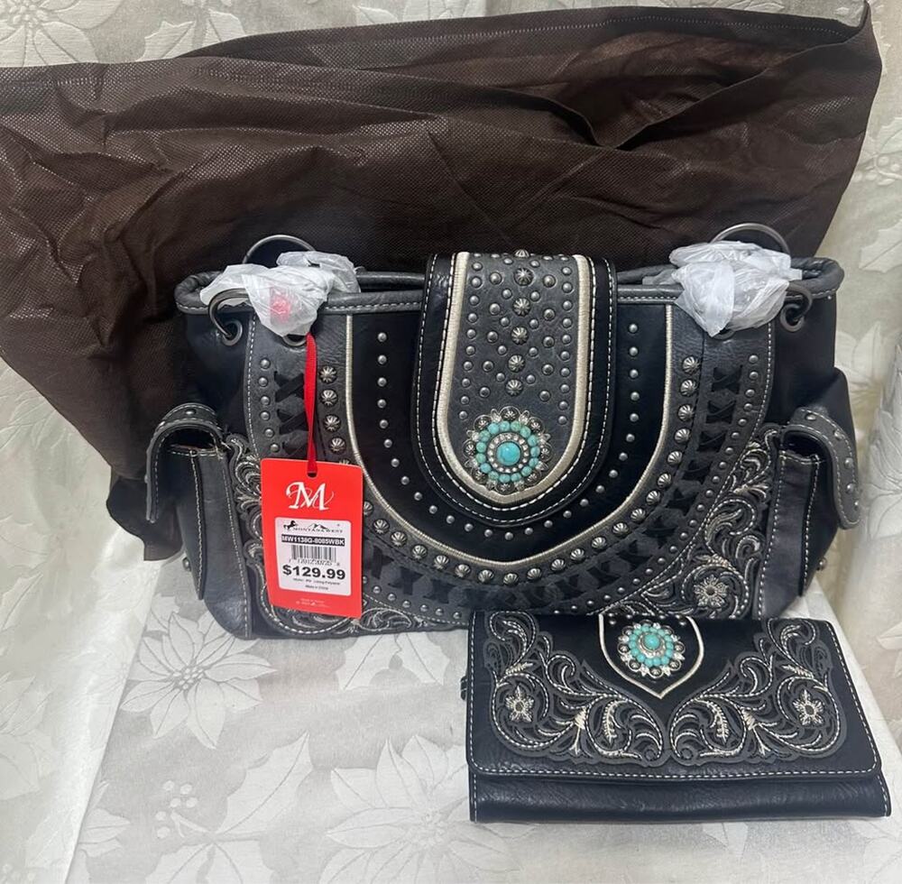 New Montana West weekender Handbag & Wallet Set - Studded Turq Black B-240